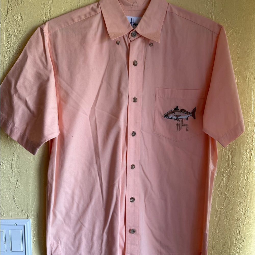 Guy Harvey Mens Salmon Pink Fishing Shirt Y2K Preppy Beachwear Button Up Fish